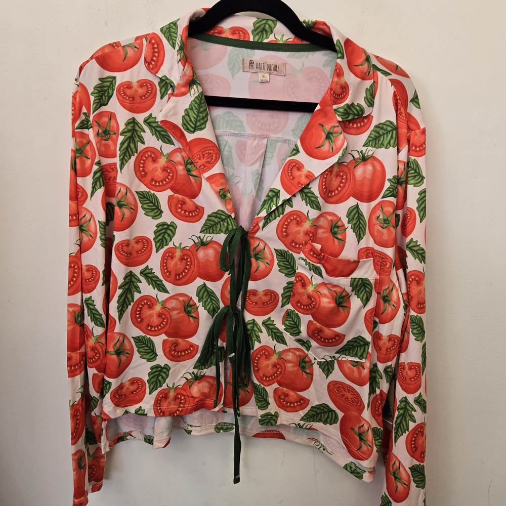 Tomato Pattern Pajama Top with Green Accents